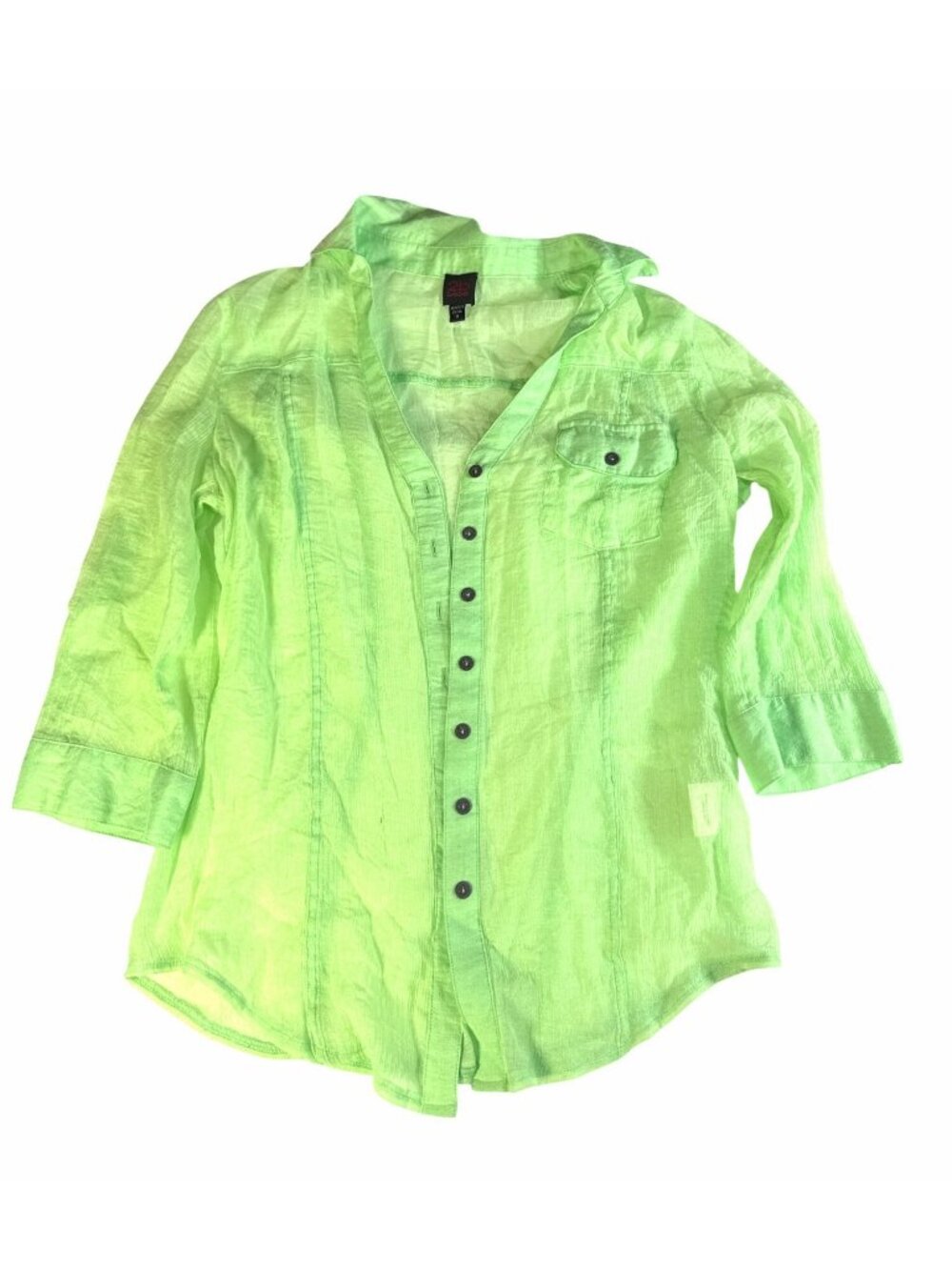2B Bebe Sheer Neon Green Button-Up Shirt 3/4 Sleeves Lightweight M Summer Thin